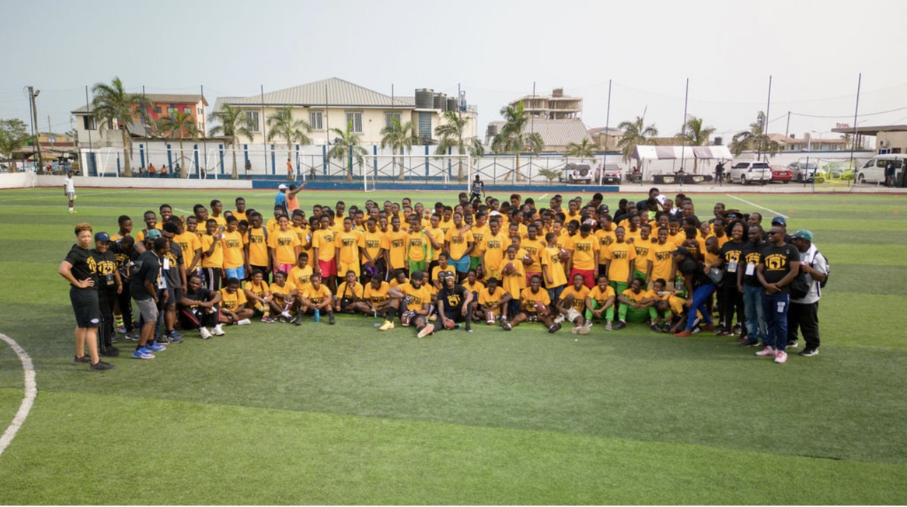 Children, coaches, and volunteers together at an Access to Play camp in Ghana