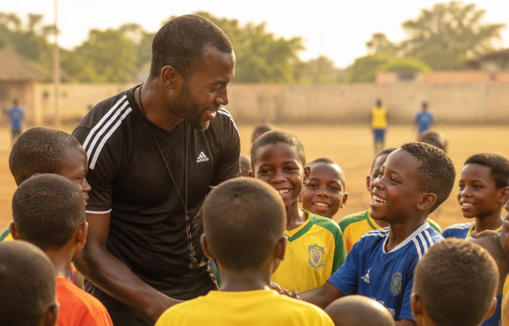Coach surrounded by smiling children at a camp in Kumasi, Ghana